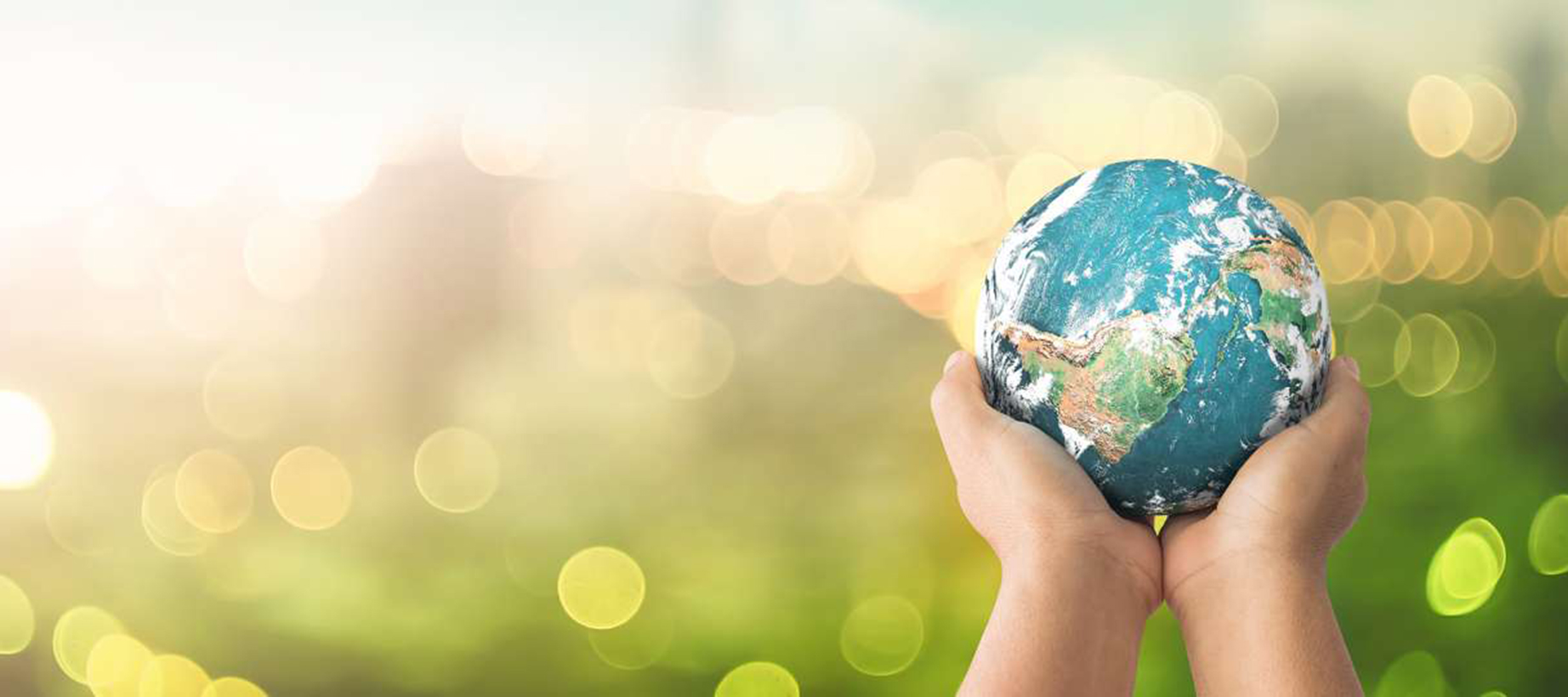 Two hands holding a small globe with a blurred natural green background and bokeh light effect, symbolizing the responsibility to support sustainable pharmaceutical packaging and protect our planet.